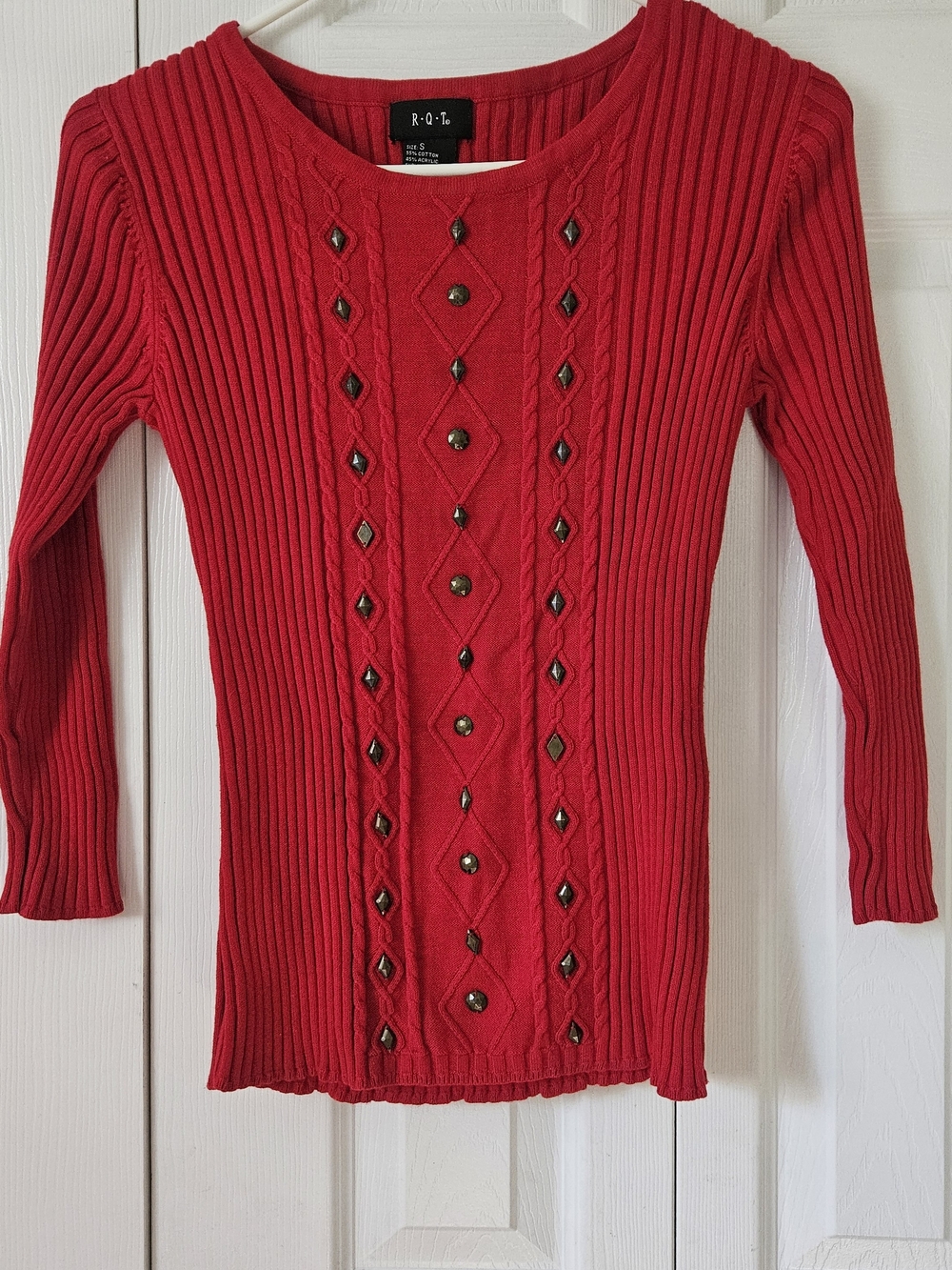 Red Ribbed Beaded Women's Sweater